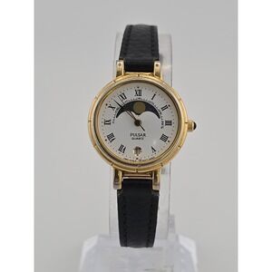 Pulsar by Seiko Gold Tone Moon Phase V829-0010 Ladies 24mm Watch - New Battery